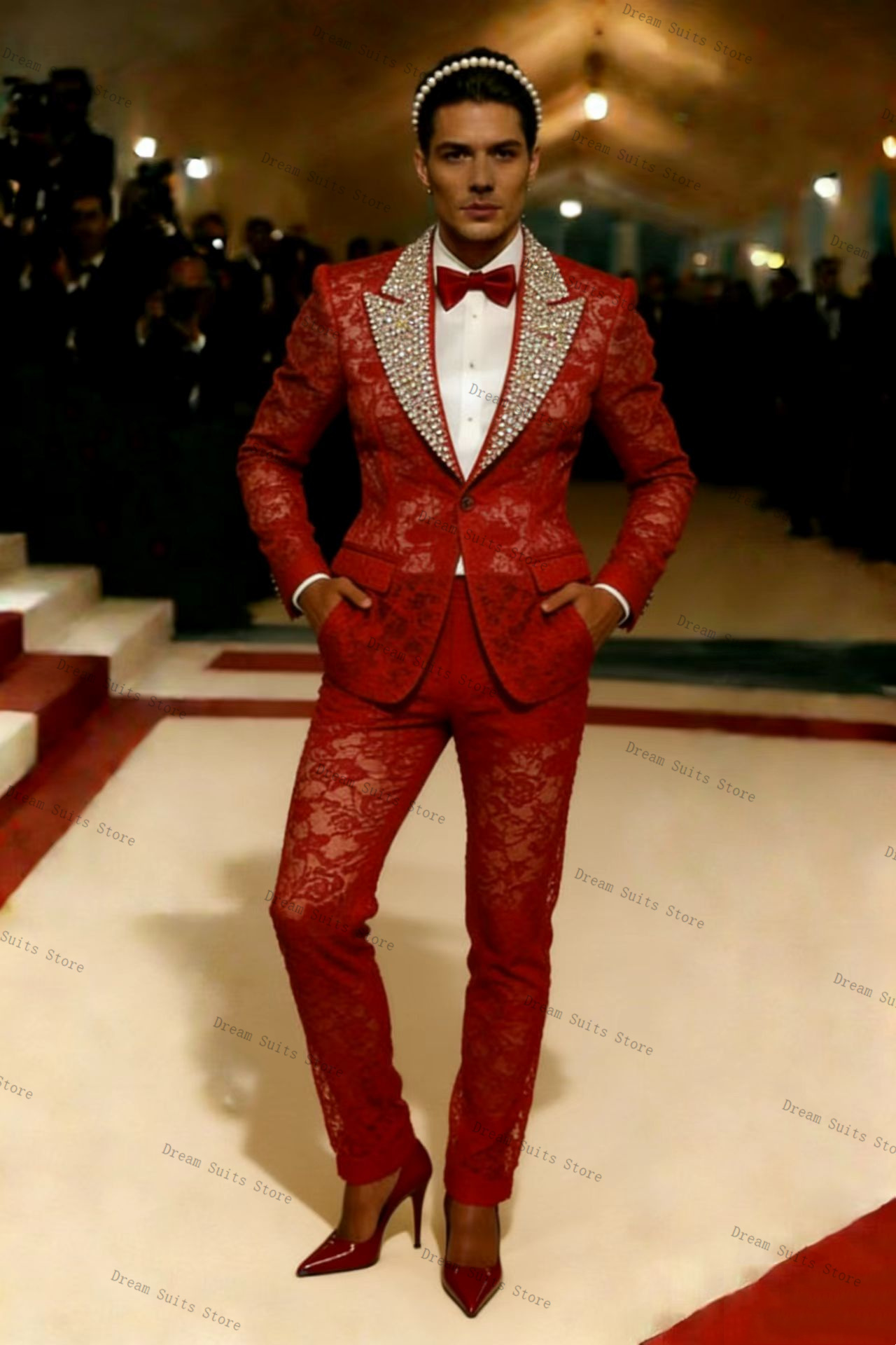 Gold Crystals Men Suit Set 2 P - огляд і ціна Men Formal Wear Red